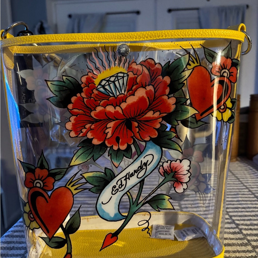 Ed Hardy Yellow Trim Tattoo-Style Beach Bag